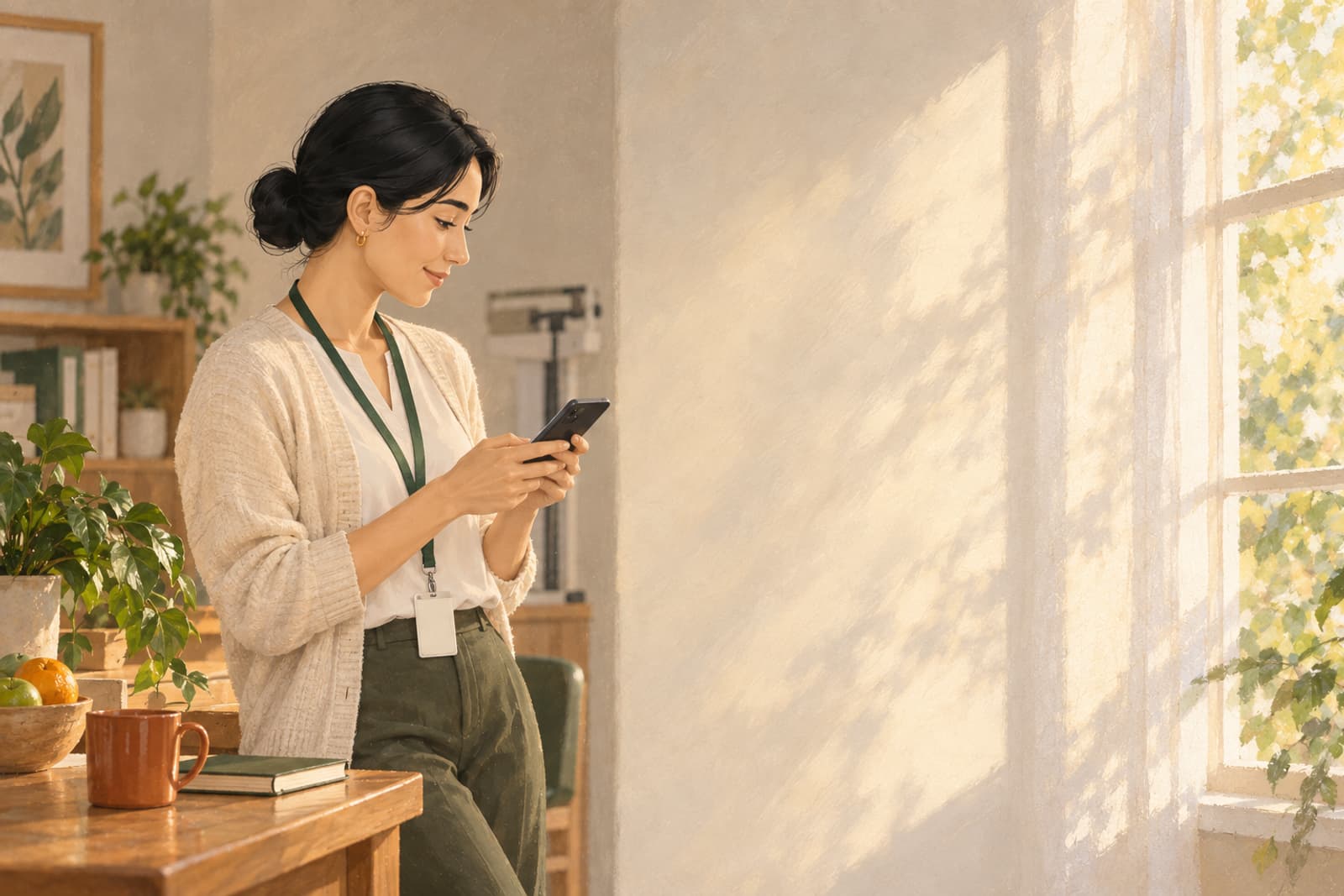 A dietitian by a clinic window reads a flagged message on her phone between appointments.