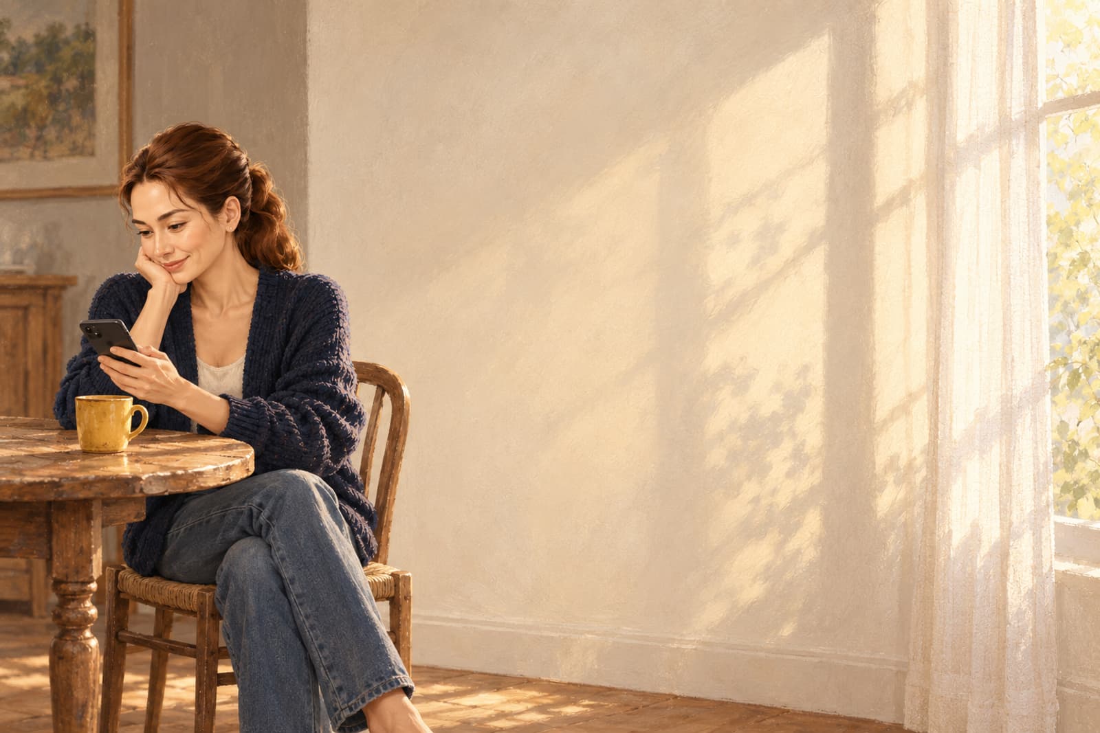 A member reads a check-in message on her phone at a sunny kitchen table, coffee beside her.