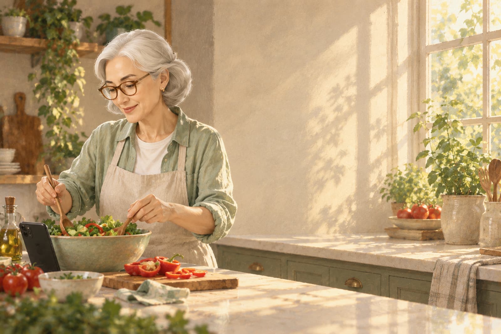 An older woman tosses a salad in a sunlit kitchen, her phone propped beside the bowl.
