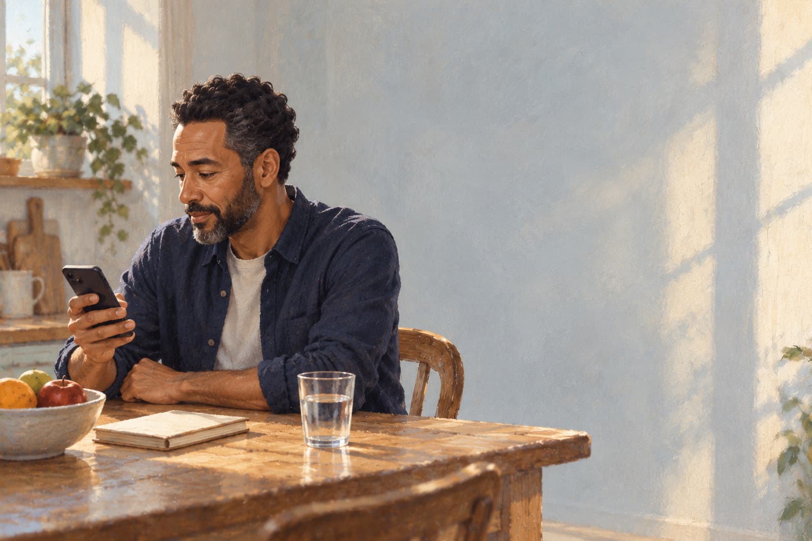 A man at his kitchen table in the morning replies to a check-in on his phone.